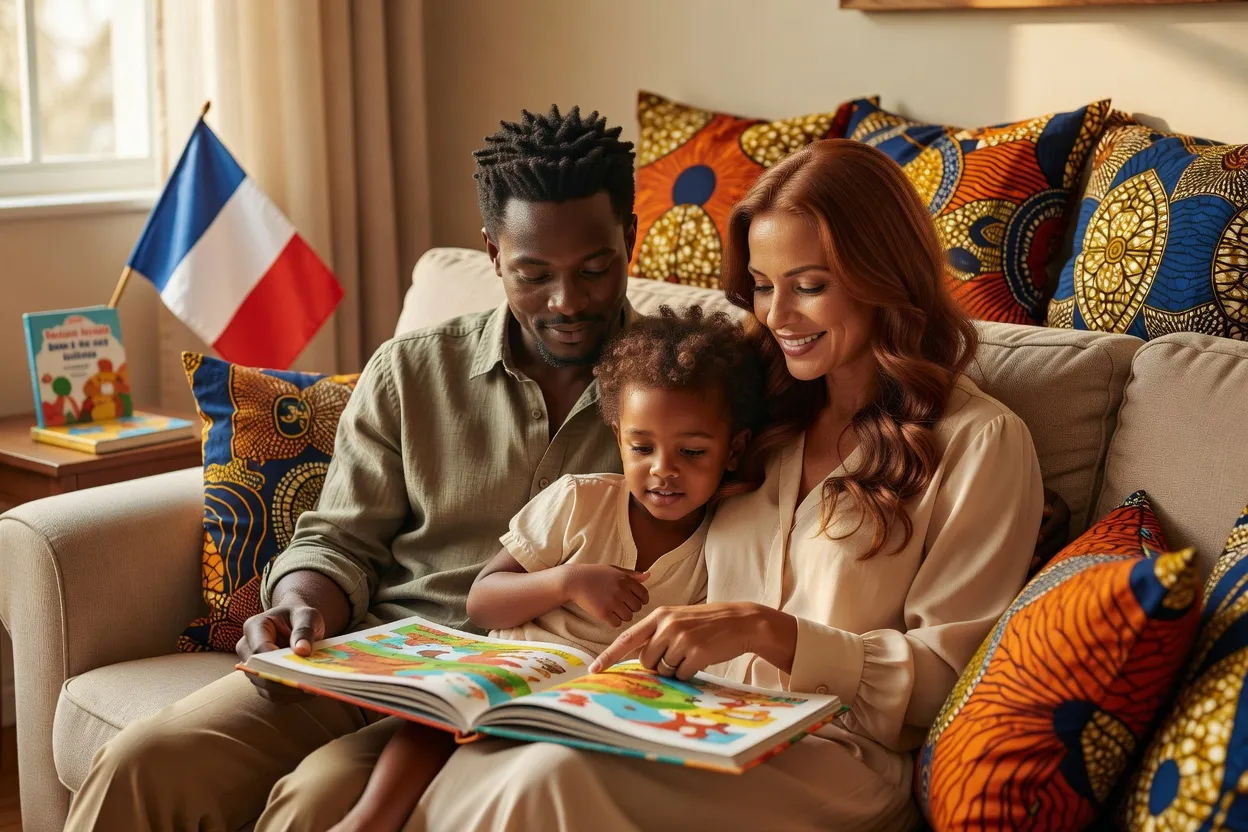Parents franco-africains lisant une histoire à leur enfant, symbole de l'éducation biculturelle