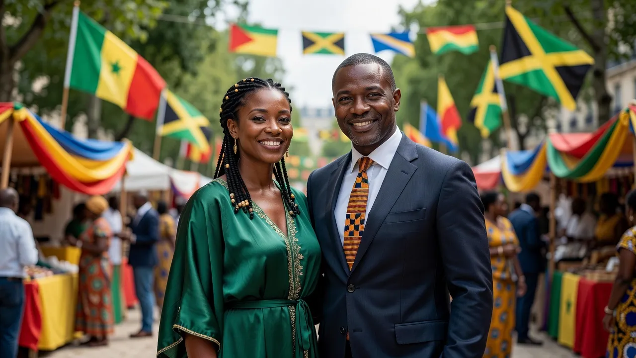 Femme antillaise et homme d'origine africaine échangeant lors d'un événement culturel à Paris