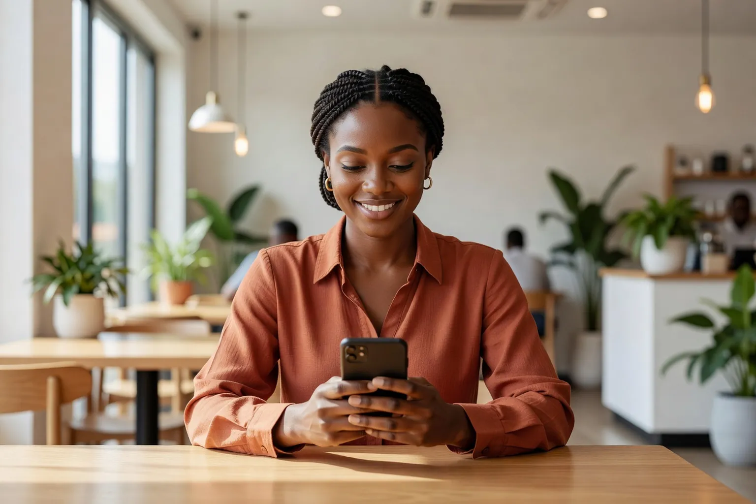 Femme africaine souriante regardant son smartphone dans un café moderne