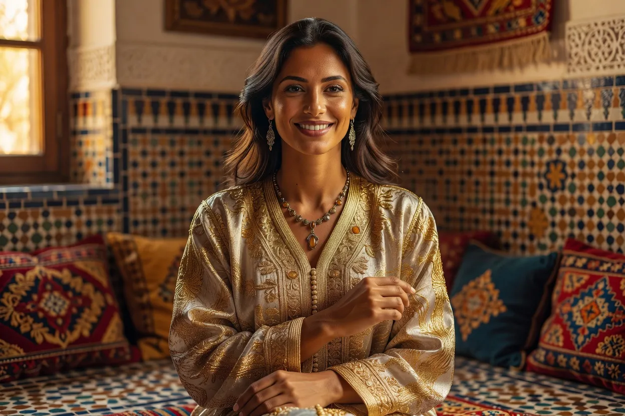Femme adulte élégante d'origine algérienne souriante, tenue traditionnelle brodée de fils dorés
