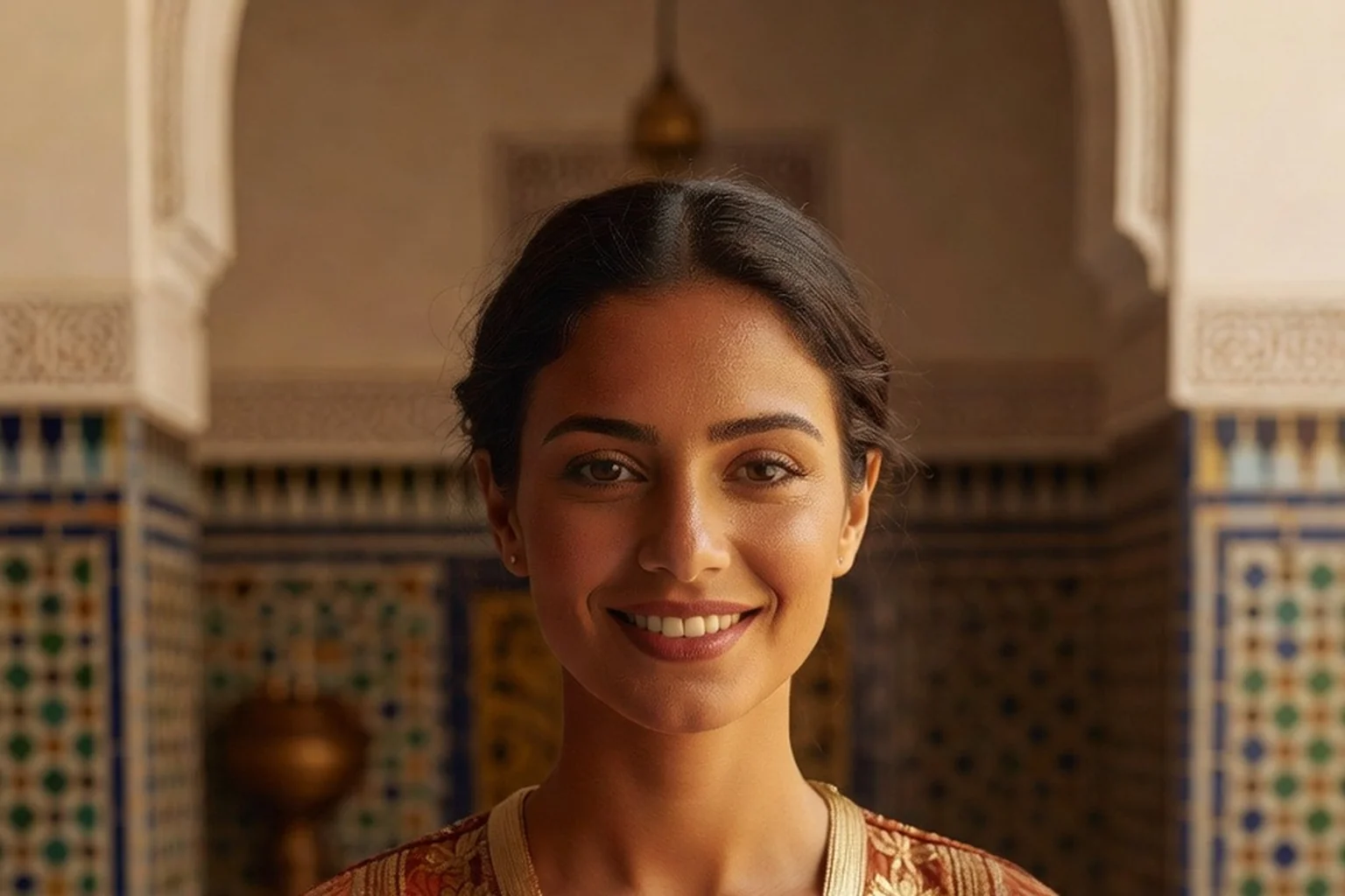 Femme adulte élégante d'origine marocaine en caftan brodé, sourire chaleureux, tête entière visible