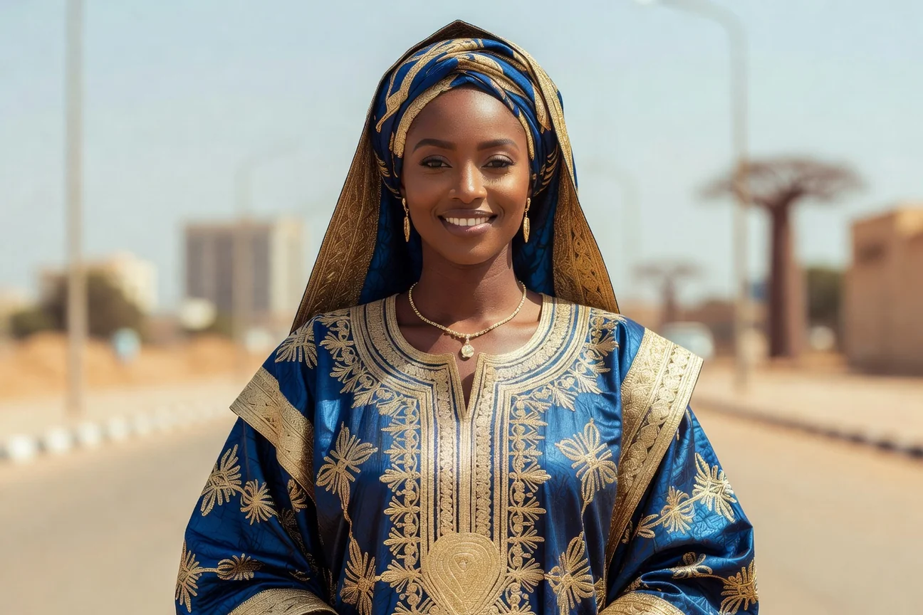 Femme adulte sénégalaise élégante en grand boubou de bazin brodé doré, tête entière visible, sourire chaleureux