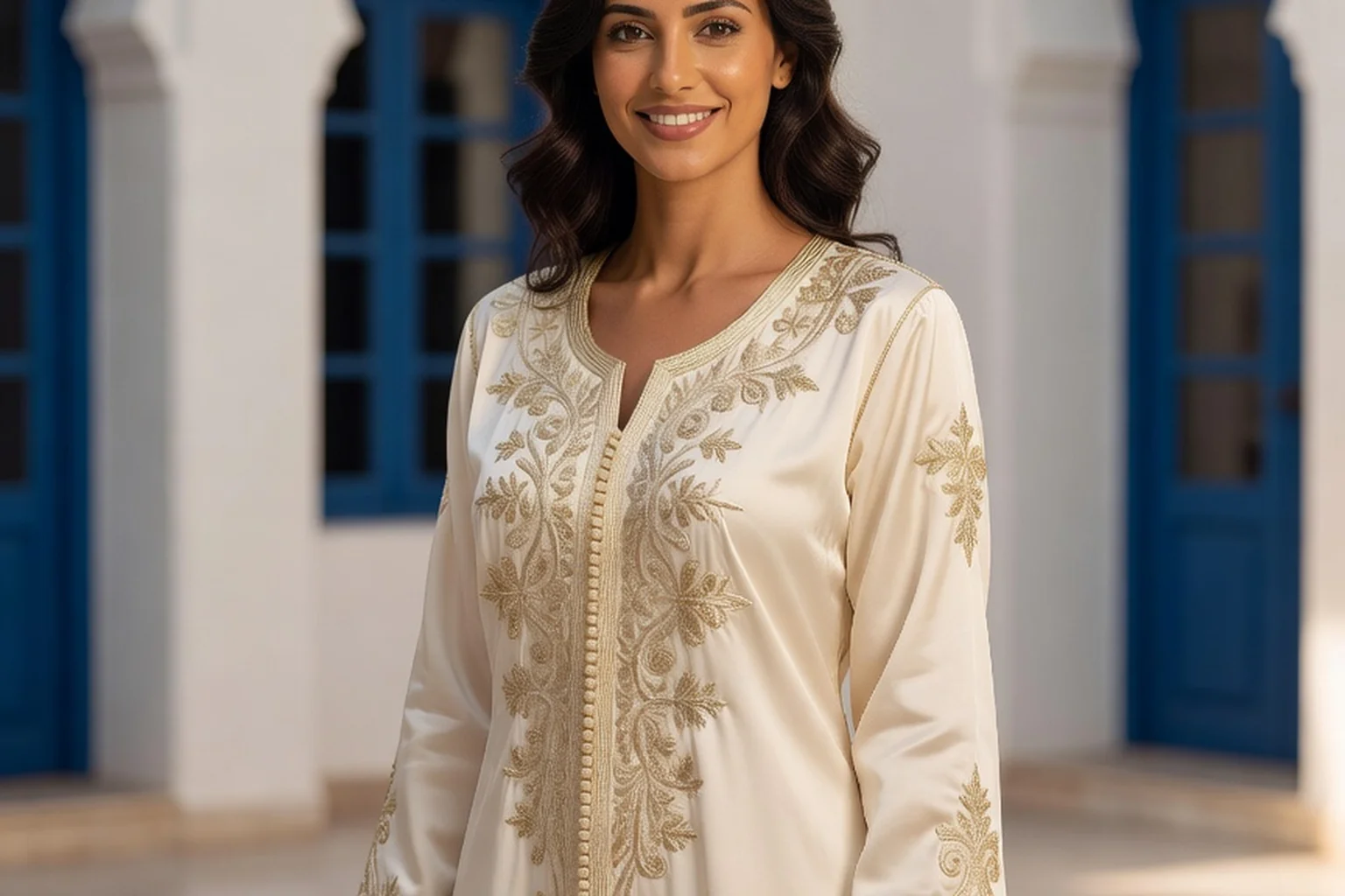 Femme adulte élégante d'origine tunisienne en tenue traditionnelle brodée, sourire chaleureux, tête entière visible