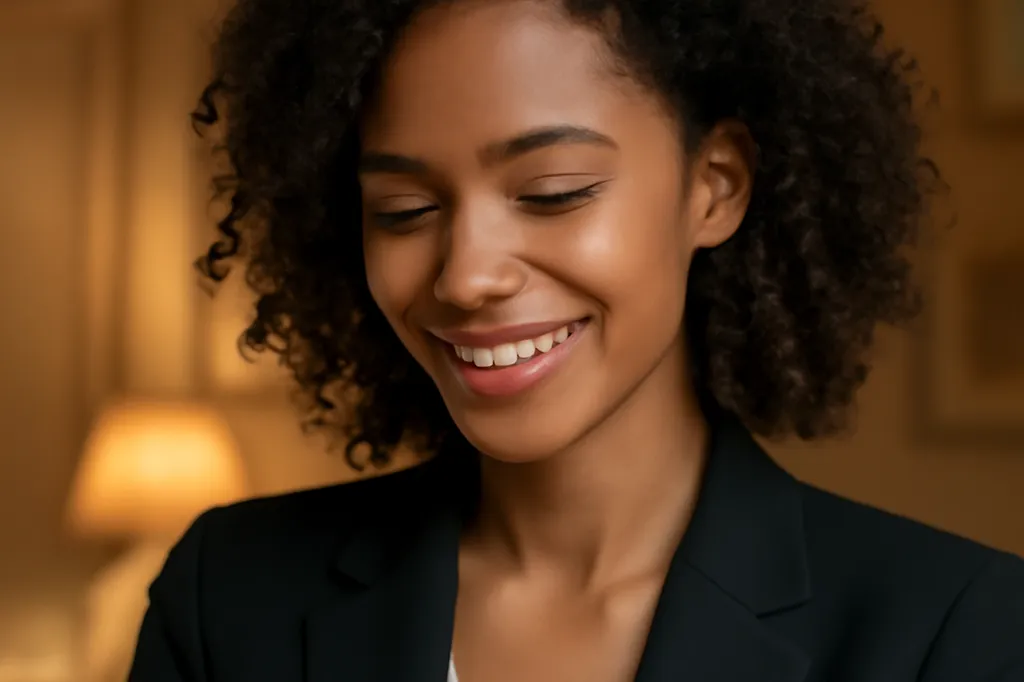 Portrait d'une femme adulte élégante souriante, regard baissé et paisible, dans une lumière chaude du soir