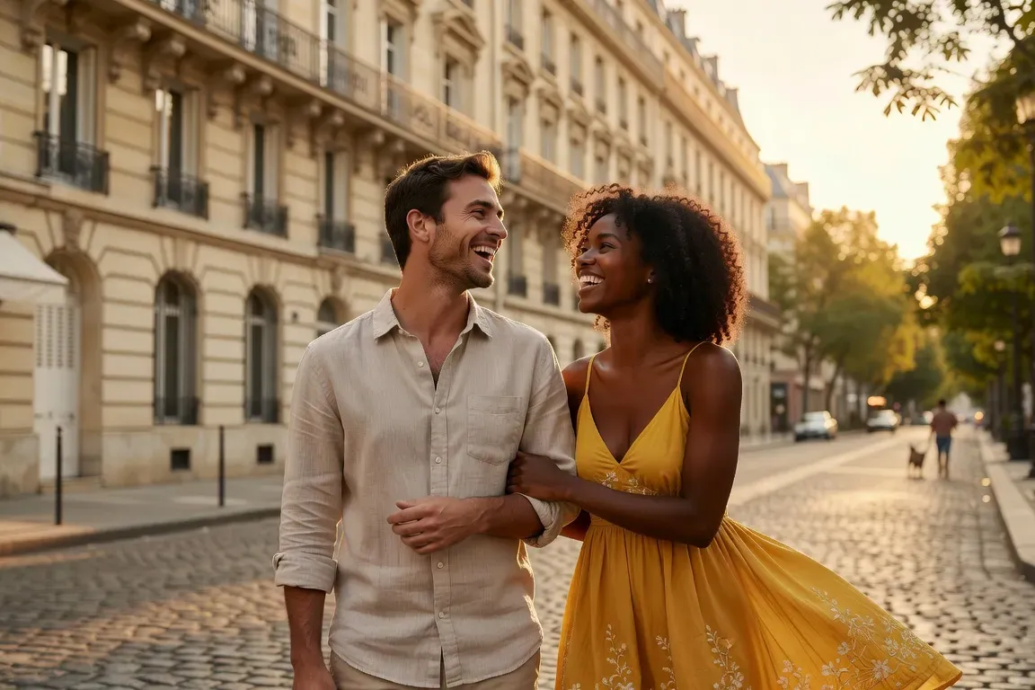 Couple mixte européen-africain souriant ensemble, illustration rencontre interculturelle 2026