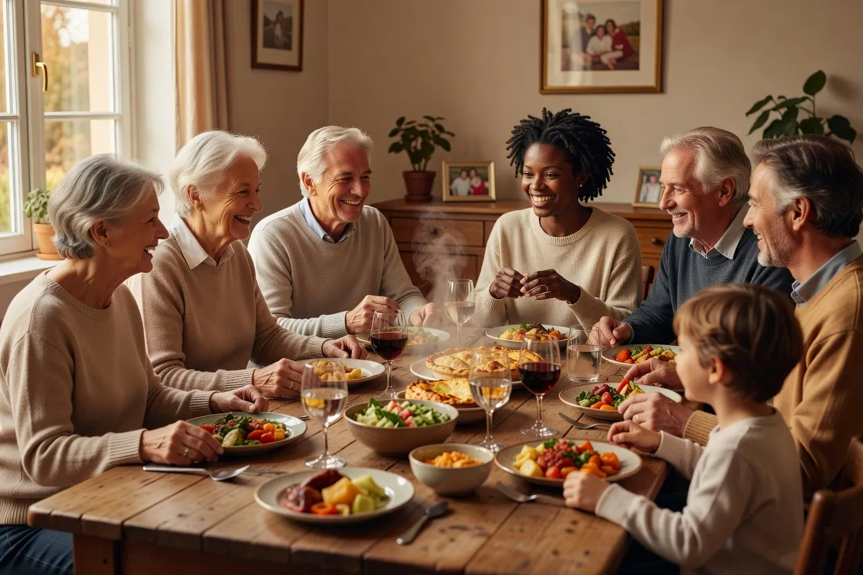 Repas de famille européenne accueillant chaleureusement un partenaire d'origine africaine