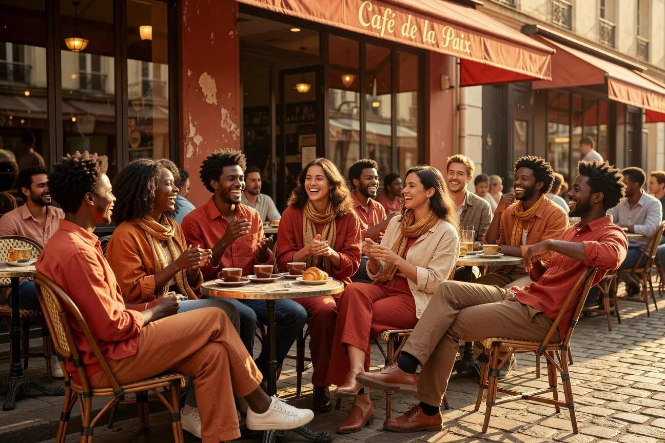Diaspora africaine en Europe : groupe de jeunes adultes multiculturels dans un café parisien