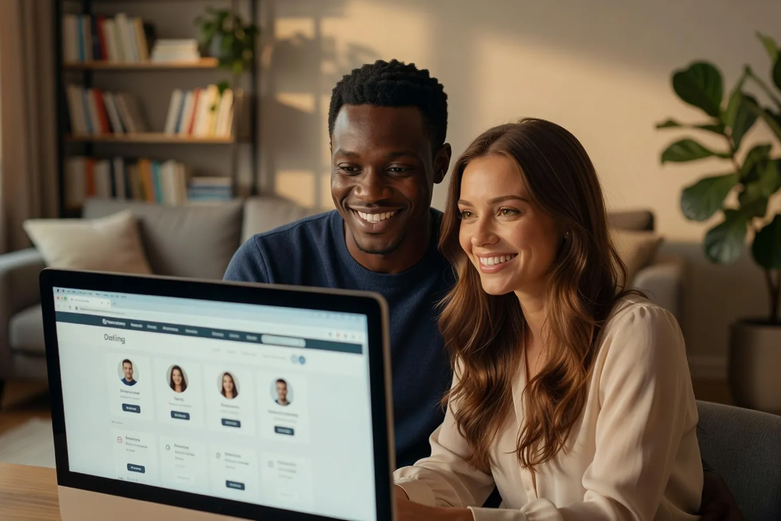 Couple mixte franco-africain souriant devant un ordinateur affichant un site de rencontre africain