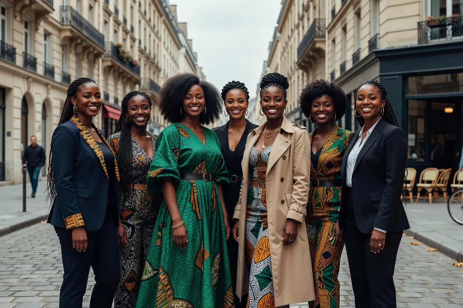 Femmes d'Afrique de l'Ouest souriantes dans un cadre urbain parisien