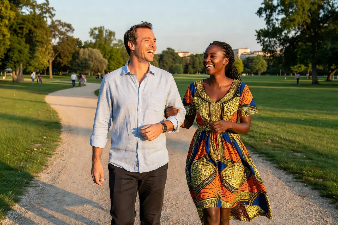Couple franco-africain heureux dans un parc lyonnais, témoignage authentique 2026