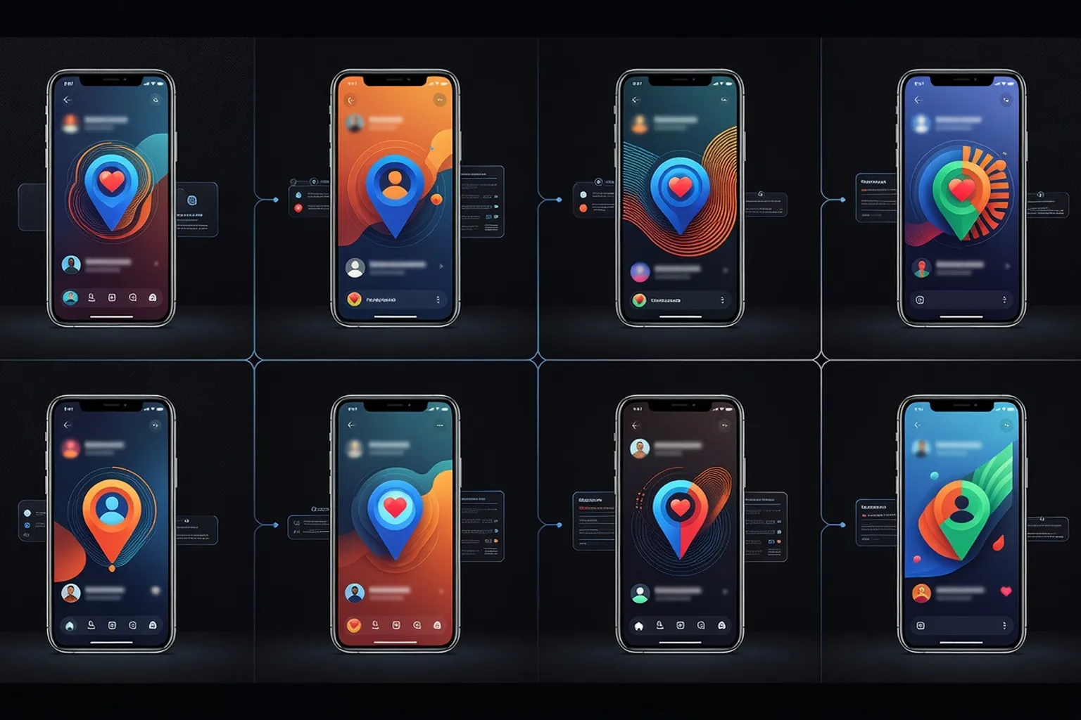 Grille de 8 smartphones affichant différentes applications de rencontre africaine