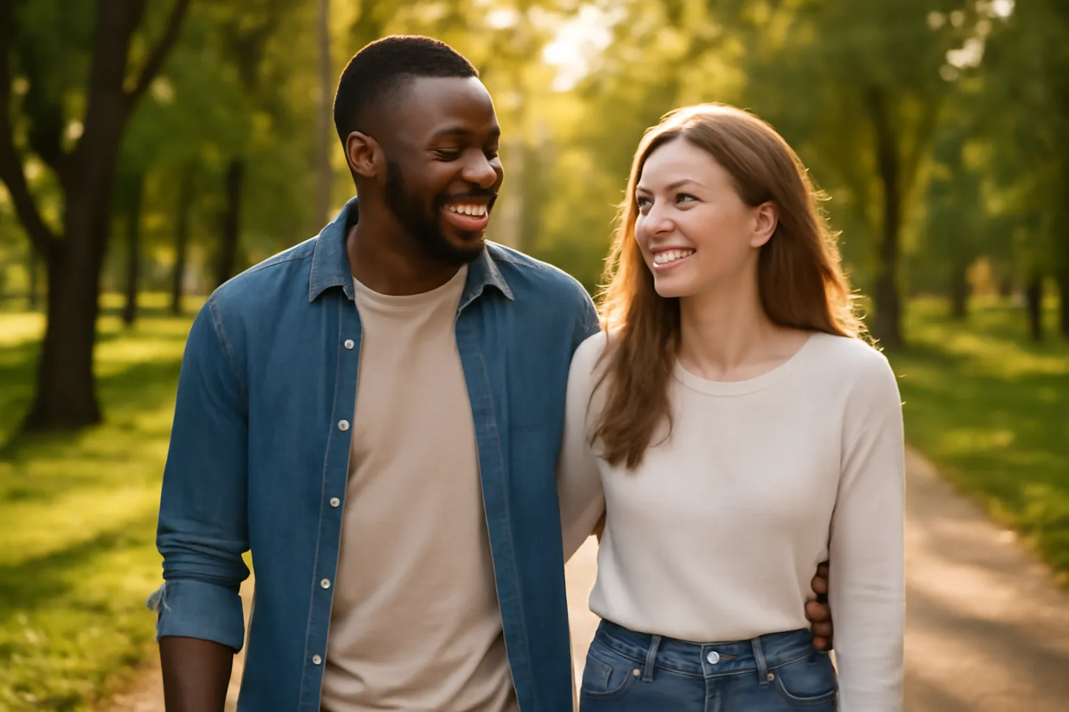 Couple interculturel heureux partageant un moment de complicite