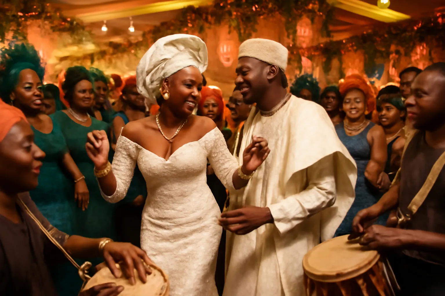 Fete de mariage africain avec danses, musique et invites en tenues colorees