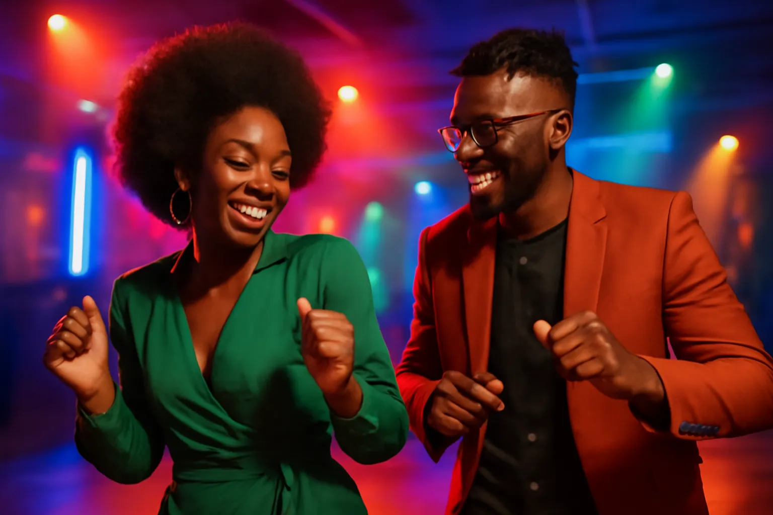 Couple afro partageant un moment de danse et de musique lors d'une soiree culturelle black