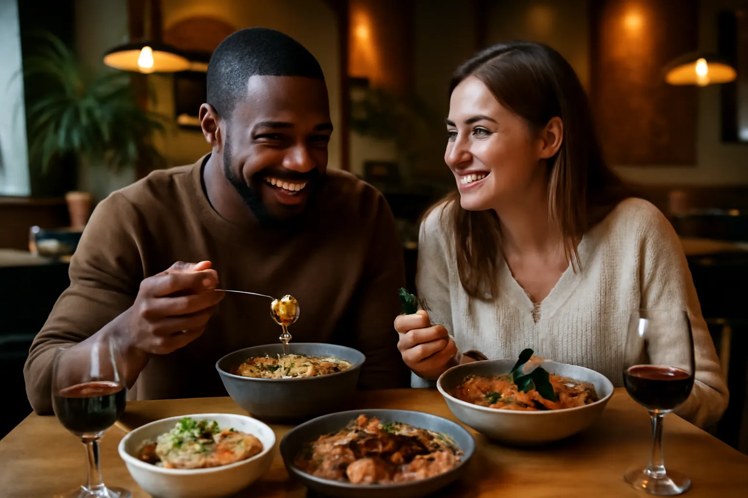 Couple mixte decouvrant ensemble la richesse de leurs cultures respectives