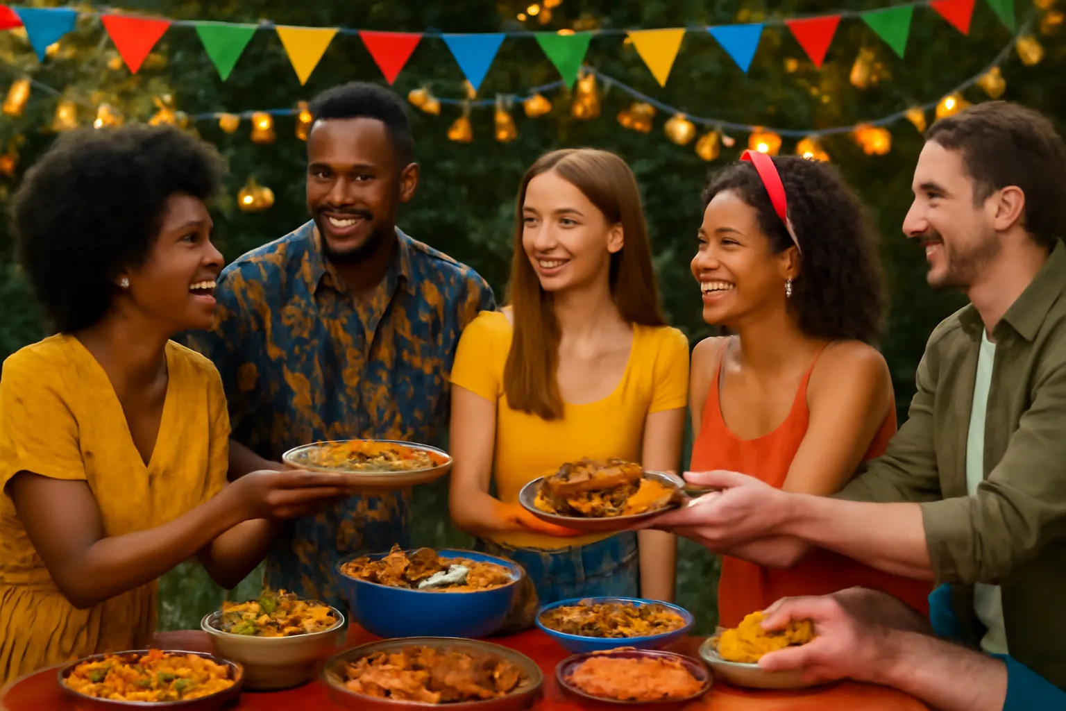 Couple interracial partageant un repas multiculturel celebrant la diversite