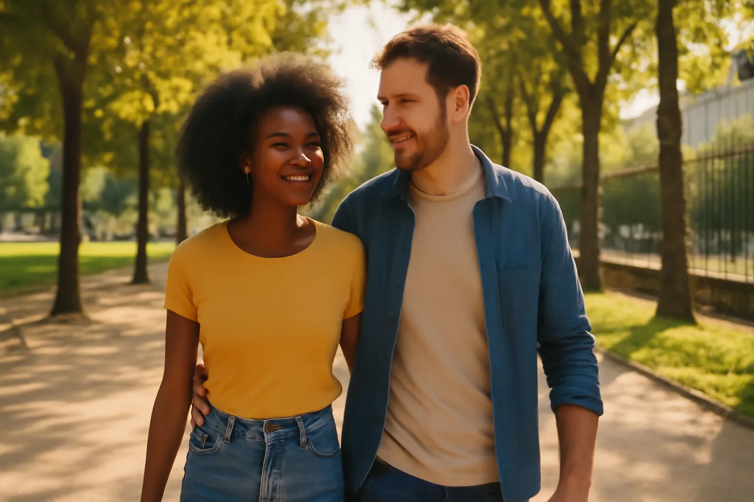 Couple interracial heureux partageant un moment de complicite