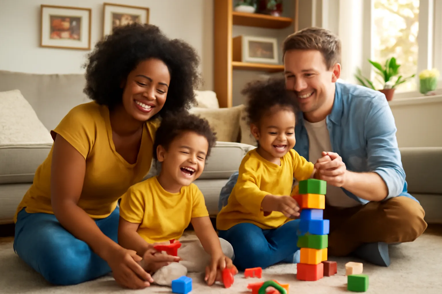 Famille mixte franco-africaine avec enfants celebrant la diversite culturelle