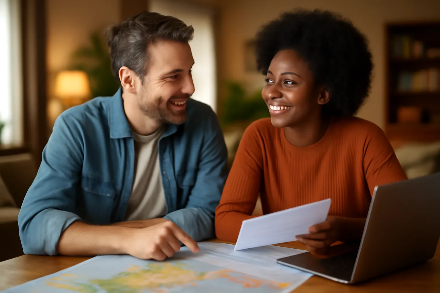 Couple mixte franco-africain devant une carte du monde entre Afrique et France