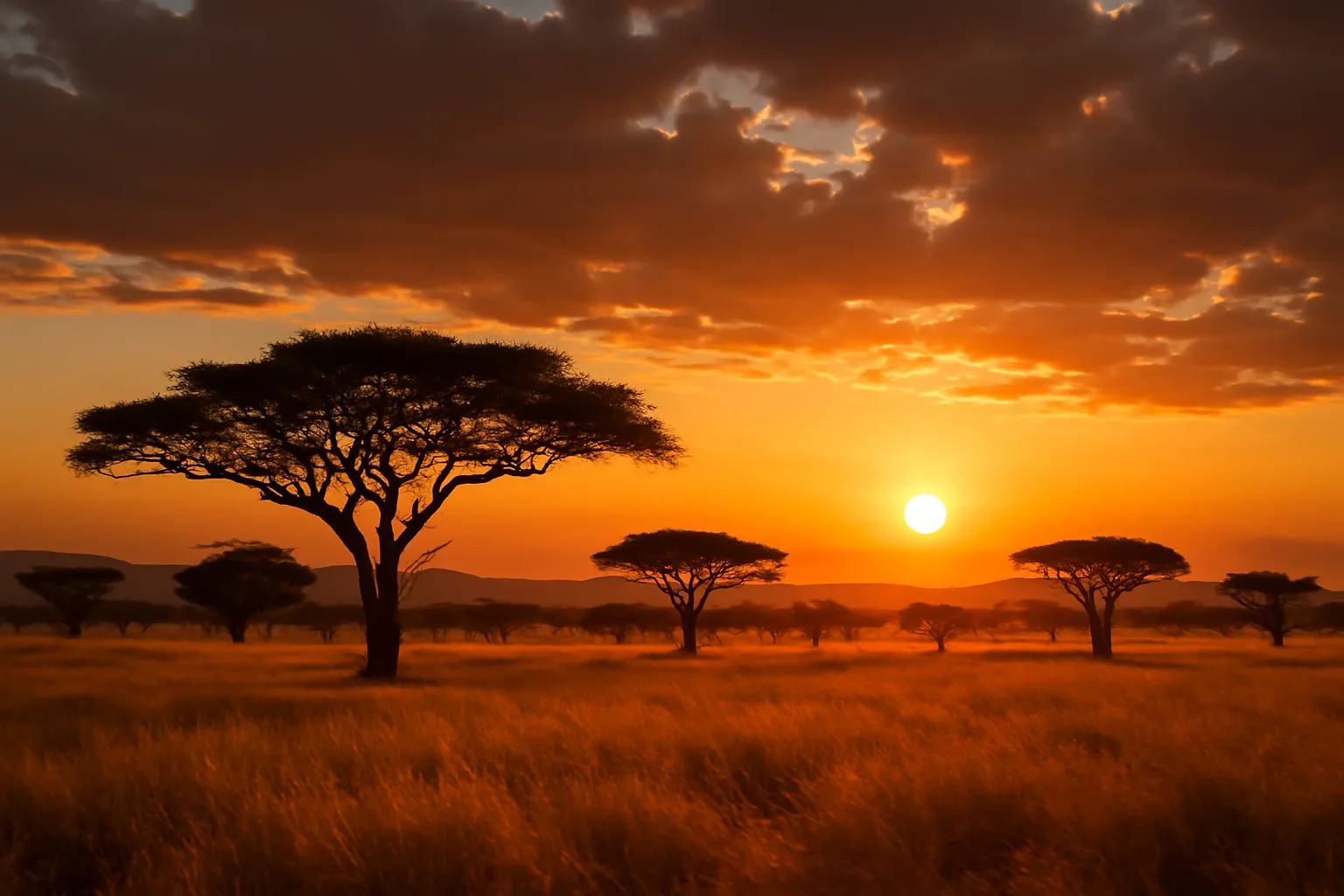 Paysage africain avec coucher de soleil sur la savane