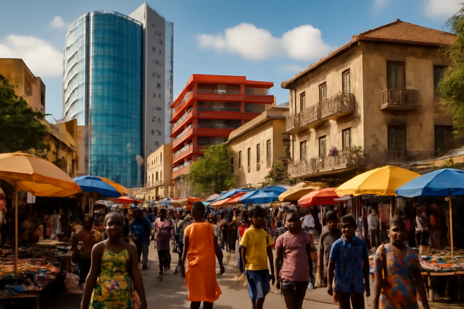 Vue panoramique d'une ville africaine moderne avec buildings et vie urbaine